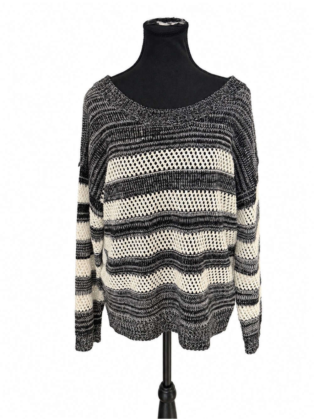 Mine Black and Ivory Striped Open Knit Sweater Size L